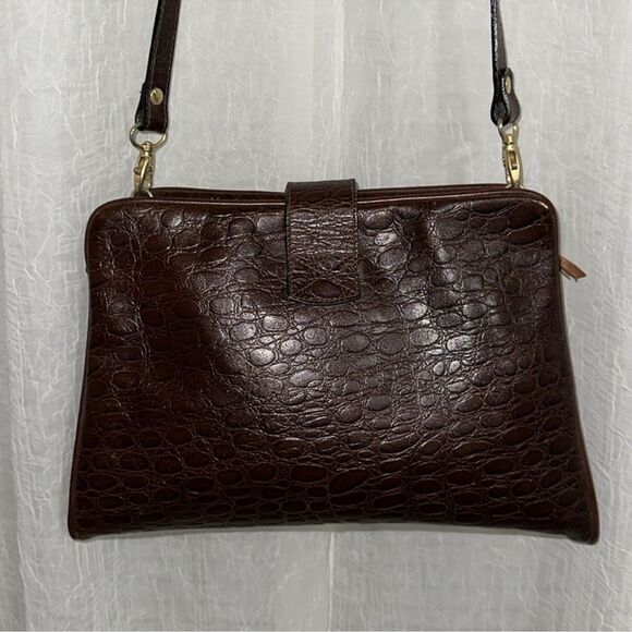 Matt Bags Croc Print Pebbled Chestnut Brown Genuine Leather Crossbody Bag - Picture 2 of 15